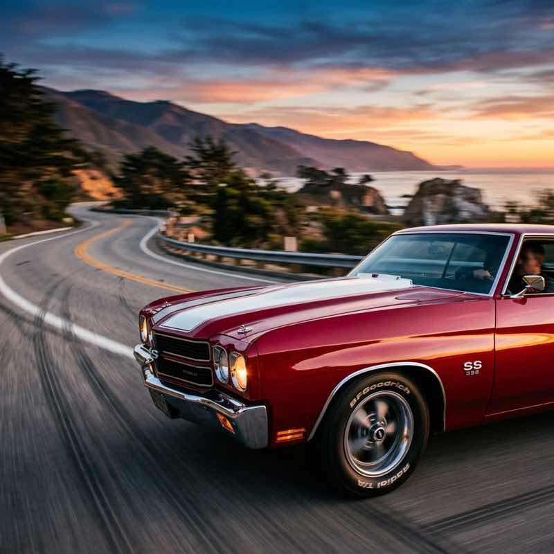 Classic American muscle car at golden hour